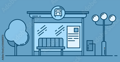 Bus stop vector line art colored illustration. Public transport station, bus terminal . Vector outline illustration on blue background.