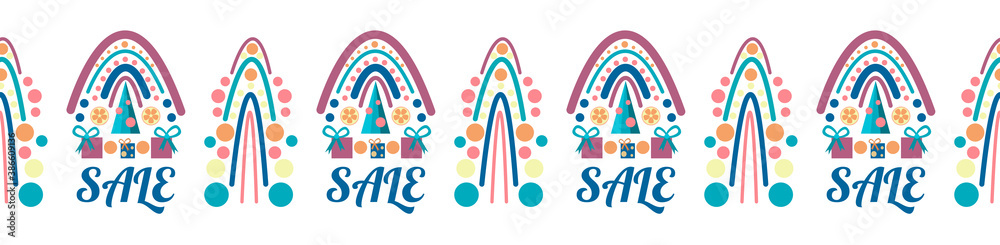 Fototapeta premium Christmas sale vector, promotional banner with abstract geometric decor, gifts, Christmas tree. Seamless pattern. Horizontal border. Fashion trend of the rainbow. Discounts for winter holidays.