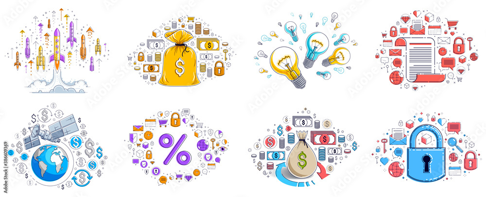 Business and finance theme different vector illustrations set with a lot of simple icons, trendy design drawings commercial theme collection, diversity of symbols and signs.