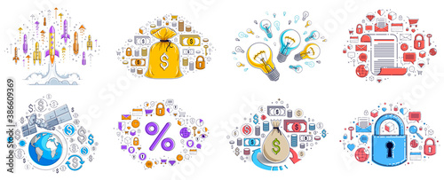 Business and finance theme different vector illustrations set with a lot of simple icons  trendy design drawings commercial theme collection  diversity of symbols and signs.