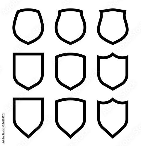 Protect guard shield plain line concept. Outline shield badge. Safety icon set. Privacy banner kit. Security label. Flat style protect sticker symbol shape. Safeguard simple sign linear pictogram