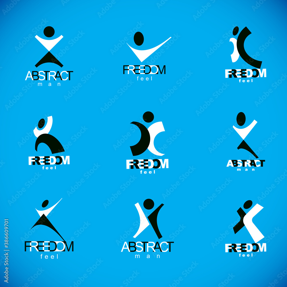 Vector illustration of excited abstract man with arms reaching up. Successful business career abstract symbol.