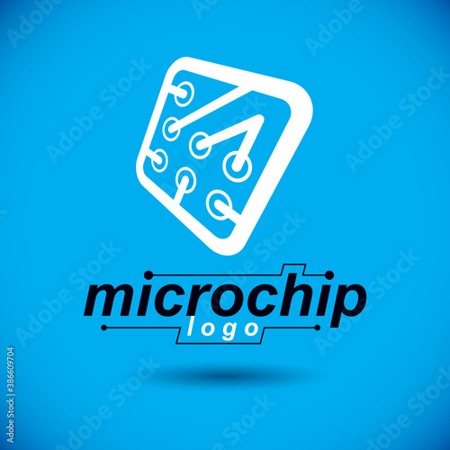 Vector microchip design, cpu. Information communication technology element, circuit board in square shape. Microprocessor scheme abstract logo.
