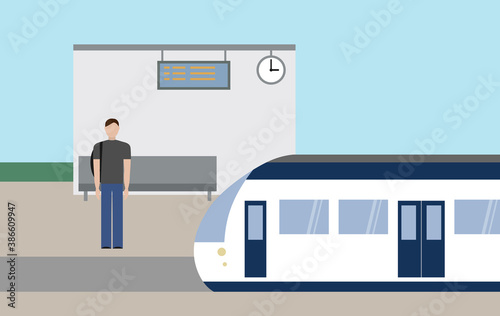 Train station. Man with bag, station and arriving train. Vector illustration.