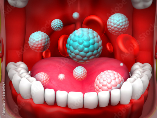 Virus bacteria in human mouth. 3d illustration.. photo