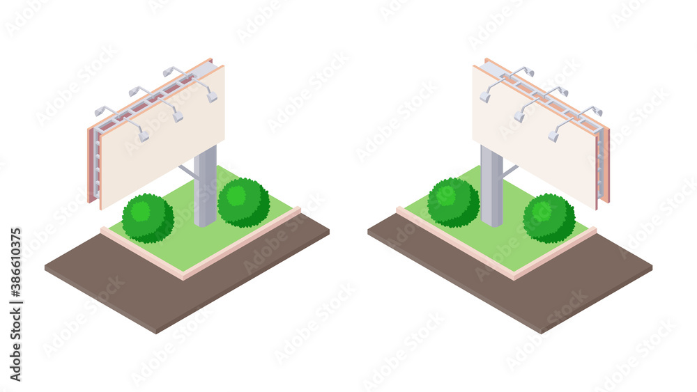 Isometric billboard on green ground near road for outdoor advertising.