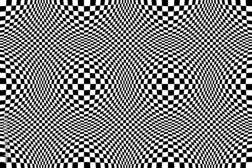 Optical illusion checkered vector abstract seamless background, black and white pattern, chess board tiles with psychedelic spherical volume, geometric checker op art.