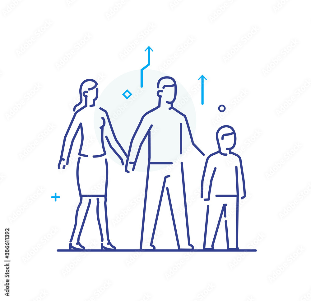family with child. linear illustration Icons infographics. Landing page site print poster. Line story