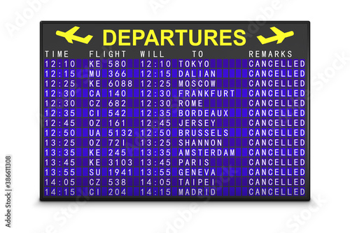 airport departure board with canceled flights. 3d render.