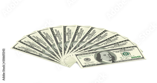 Dollars banknote fan stack. American money bill isolated. Realistic money stack