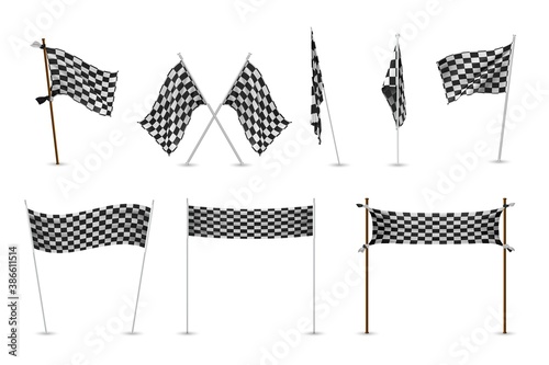Realistic racing flags set. Collection of realism style drawn black and white checkered standards for marking start finish. Illustration of race competition banners on white background.