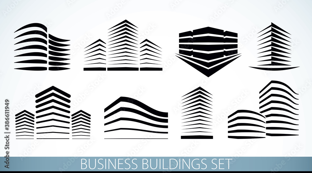 Futuristic buildings set, modern style vector architecture illustrations collection. Real estate realty business center designs. 3D business office facades in city. Can be used as a logos or icons. Futuristic buildings set, modern style vector architecture illustrations collection. Real estate realty business center designs. 3D business office facades in city. Can be used as a logos or icons.