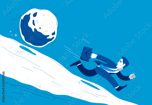 Business man run from a stone symbolizes problems such as debt crisis or taxes vector illustration, funny comic cute cartoon businessman worker or employee in a rush.