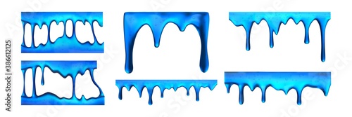 Realistic blue slime drips set collection. Collection of realism style drawn blots. Illustration of colorful dribbling ink fluids liquids glue water splashes blobs isolated on white background.
