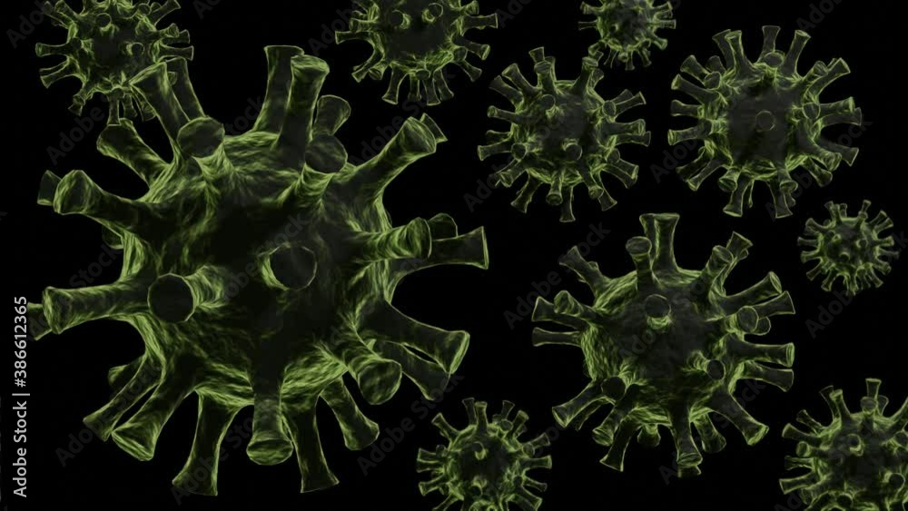 3D abstract animation, corona virus in green color rotate on black background. Textured bubble motion graphic
