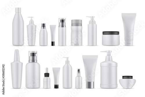 Realsitic cosmetic lotions set. Collection of realism style drawn plastic bottles for beauty and skincare body facial liquid soaps. Illustration of container packages and creams on white background.