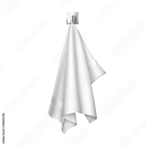 White clean terry towel hanging on hanger prepared to use isolated on white background