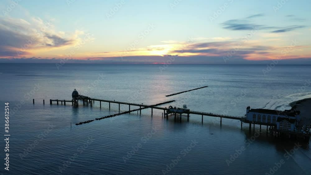 Drone flight over Sellin Pier Baltic Sea on Ruegen, Germany Drone flight over Sellin Pier Baltic Sea on Ruegen, Germany