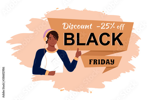 Happy young tanned man wears pink knitted hat, headphones, longsleeve and thumbs up. Light brown background with lettering Black Friday. Cheerful boy with dreadlocks. Advertising slogan, announcement