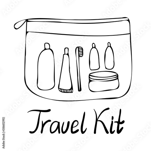 Isolated black and white set design illustration of lined travelling kit of cosmetics