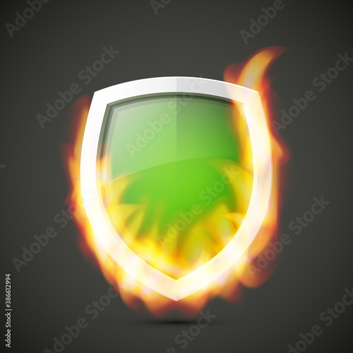 Protected guard shield concept in flame. Safety badge smoke fire icon. Privacy banner shield. Security label. Defense tag flame. Presentation sticker flame shape. defense safeguard shield smoke