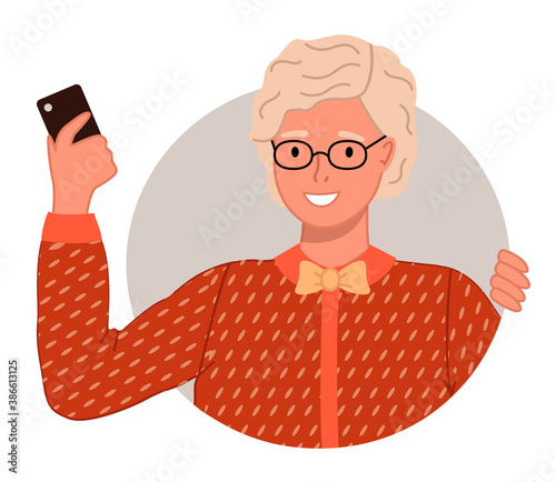 Old smiling woman wears glasses, with grey short hair and smartphone in her hand. Female figure close-up in grey circle. Mature woman wearing red dotted dress with bow around her neck. Flat image