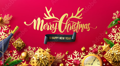 Merry Christmas and Happy New Years Red Poster with gift box and christmas decoration elements for Retail,Shopping or Christmas Promotion in golden and red style.Vector illustration EPS10