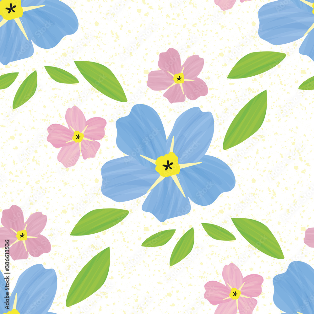 Obraz premium Forget-Me-Not floral seamless pattern background. Beautiful backdrop of painterly watercolor effect groups of pink blue mysotis flowers. Hand drawn botanical design. All over print for spring concept