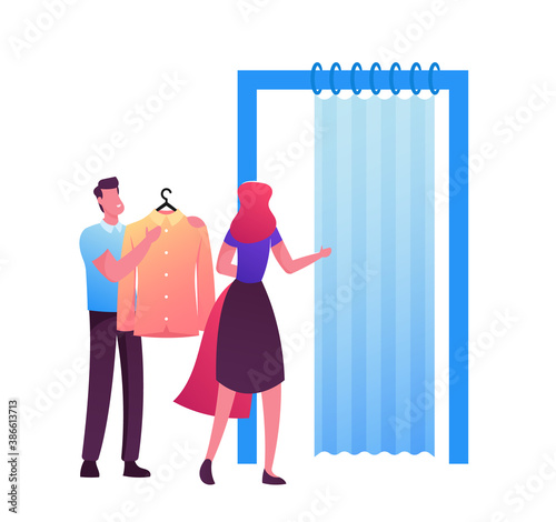 Young Woman Character Trying on Clothes in Fitting Room at Store, Sales Man Assistant Holding Hanger with New Dress