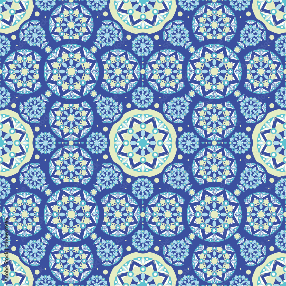 Seamless ethnic pattern with floral motives. Mandala stylized print template for fabric and paper. Boho chic design. Summer fashion