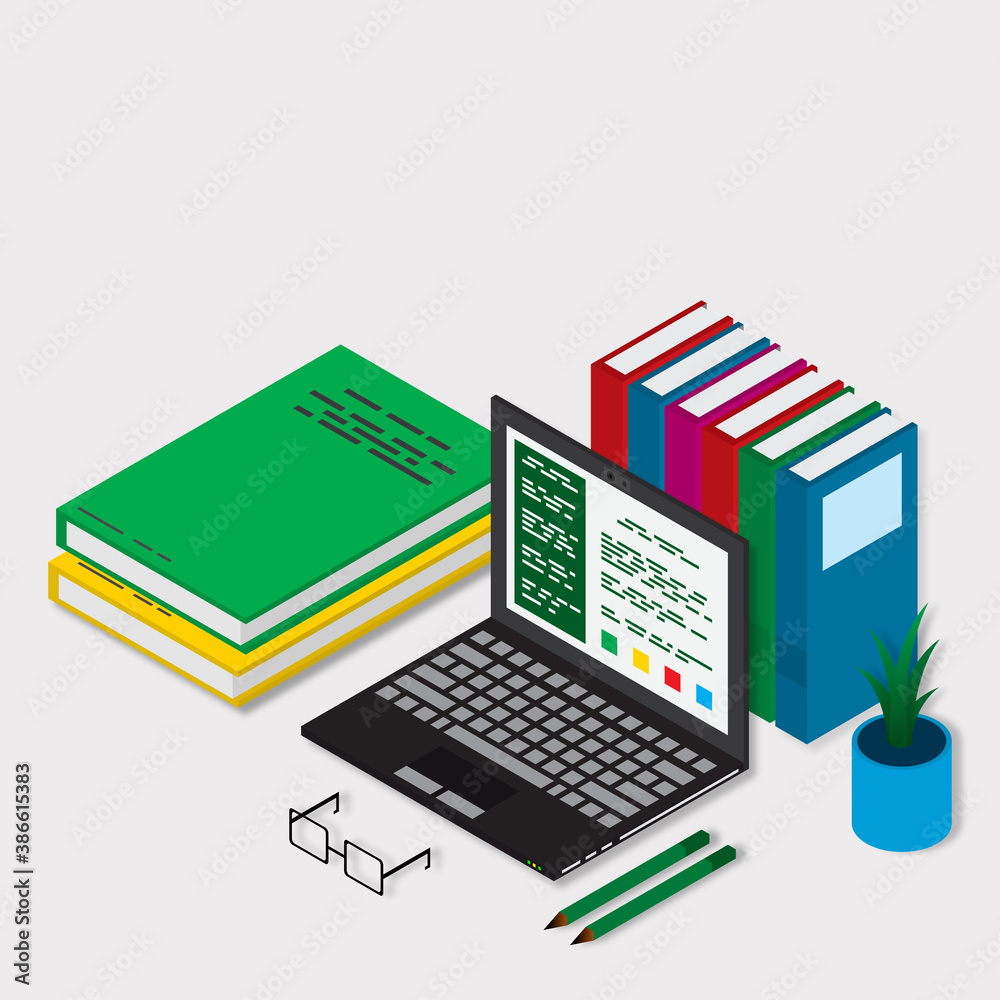 Online education, training, courses, e-learning , distance learning, exam preparation, home schooling. Web banner background. Workplace with laptop, books, pencil. Online education, training, courses, e-learning , distance learning, exam preparation, home schooling. Web banner background. Workplace with laptop, books, pencil.