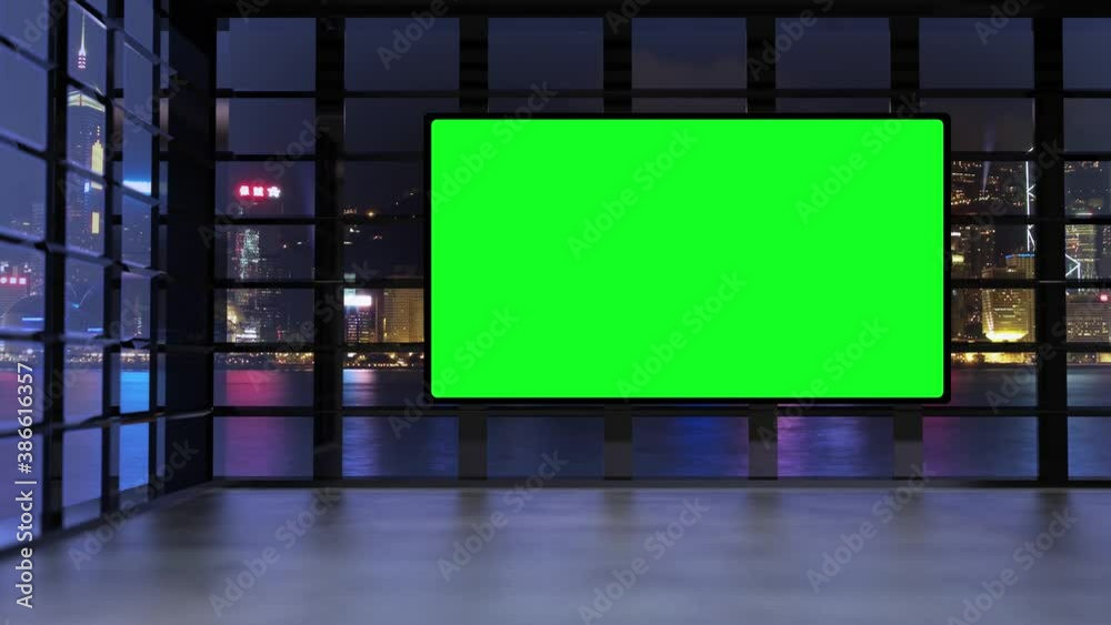 3D virtual TV studio with panoramic city skyline view at night with green screen and floodlights