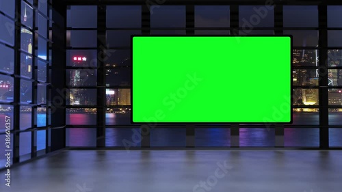 3D virtual TV studio with panoramic city skyline view at night with green screen and floodlights