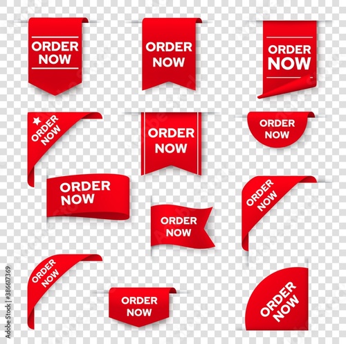 Order now red ribbon, bookmark or banner corner 3d realistic vector. Sale discount advertising, shop goods offer and products online ordering banner decoration. Price tag template of red silk or paper