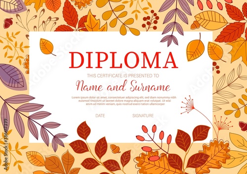 Kids diploma template with autumn leaves. Trees and shrubs branch with leaves, forest berries and acorns vector. Kindergarten or school diploma, education achievement certificate with autumn foliage