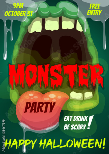 Happy Halloween party vector flyer with monster mouth, cartoon invitation poster with open zombie toothy jaws teeth, tongue and dripping slime. Halloween party, event invite with creepy monster