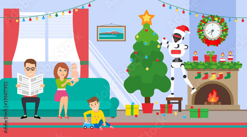 merry christmas and happy new year family spending time in living room and robot humanoid decorate spruce with balls 