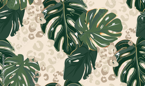Leopard pattern, animal print seamless design greenery leaves jungle print. Monstera leaf clipart, Leopard natural pattern, cheetah safari decoration. Exotica fabric pattern, floral textile decor