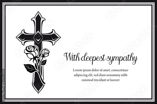 Funeral card with gothic medieval cross and roses. Funerary condolence banner, obituary memorial vector cart with black frame, Christian cross, engraved flowers and typography on white background