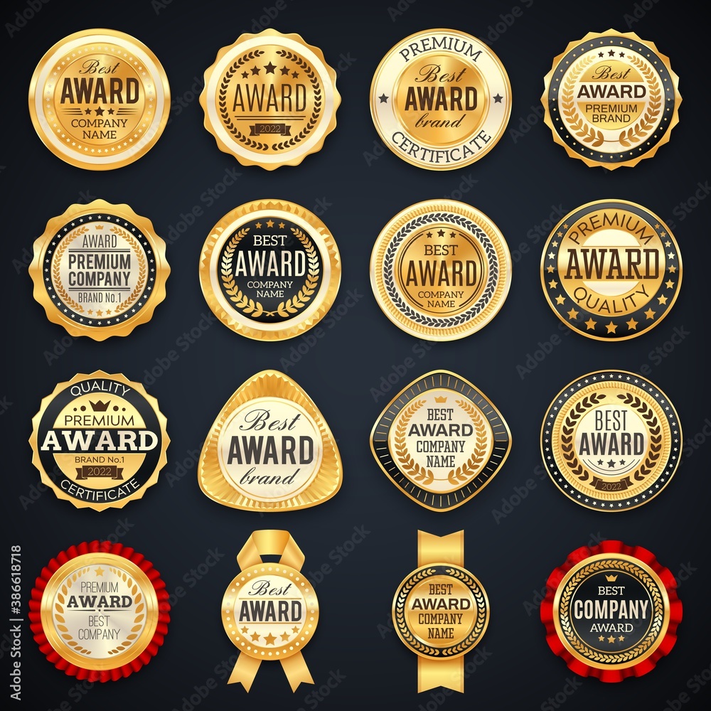 Award and quality labels vector emblems with golden frames, stars, laurel branches, crowns and ribbons. Best company or brand awards, product badges luxury design icons or stamps isolated icons set Award and quality labels vector emblems with golden frames, stars, laurel branches, crowns and ribbons. Best company or brand awards, product badges luxury design icons or stamps isolated icons set