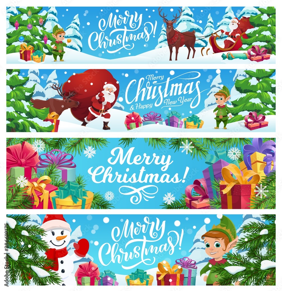 Fototapeta premium Merry Christmas vector banners set. Cartoon Santa Claus riding deer sledge in winter forest, snowman and elf helper near fir-trees or spruce with gift boxes on snow. Santa hold sack with Xmas presents