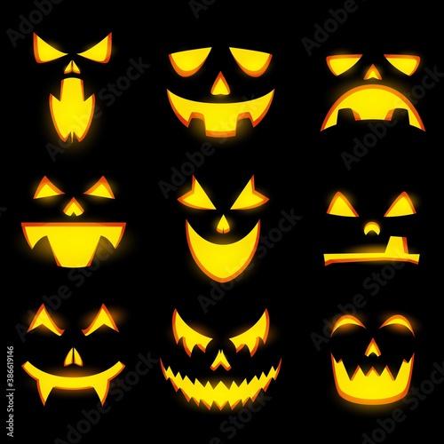 Scary pumpkin faces isolated vector icons, Halloween monster emoticons, jack lantern,vampire angry and happy expressions, glowing spooky evil eyes, teeth and creepy smiles, funny creatures emoji set