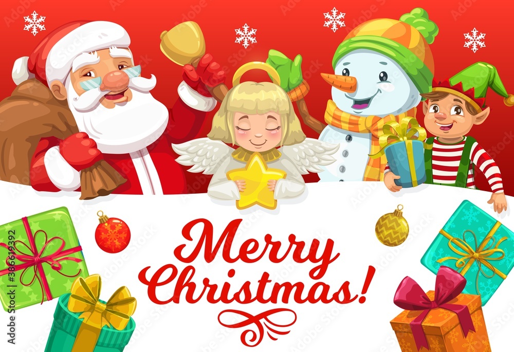 Santa and helpers with Christmas gifts vector greeting card of Xmas winter holiday. Claus, snowman, elf and angel with bell, star and present boxes, snowflakes, ribbons, bows and ornament balls