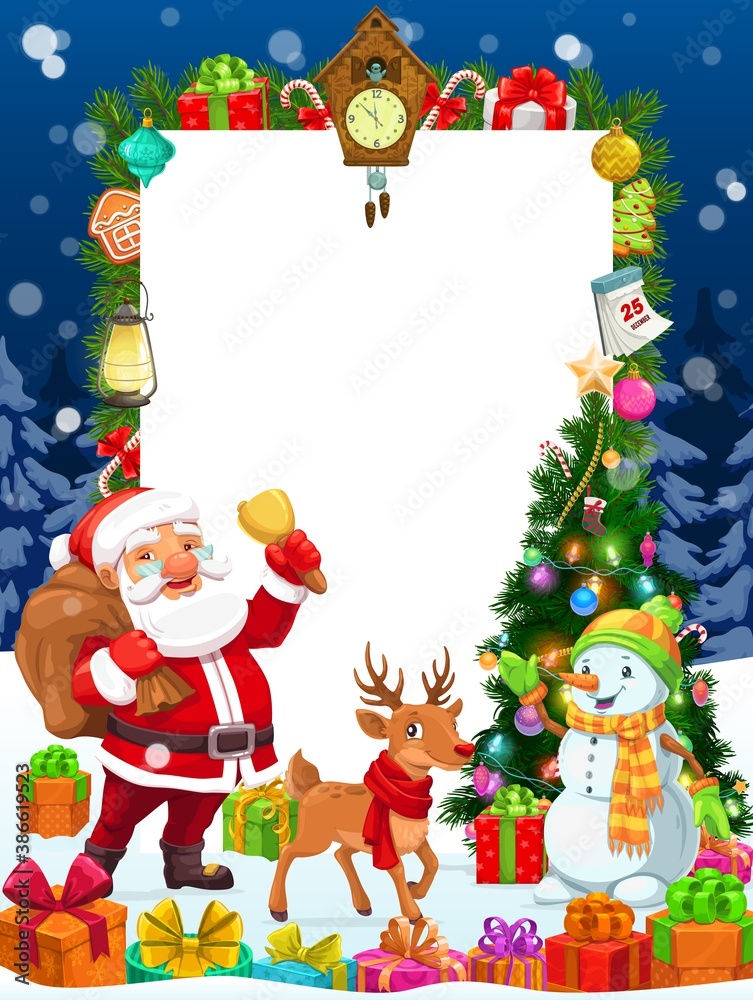 Christmas winter holidays vector blank template for greeting wishes, vector poster. Cartoon Santa with gifts bag and reindeer at Xmas tree with lights, decoration balls, golden stars and calendar Christmas winter holidays vector blank template for greeting wishes, vector poster. Cartoon Santa with gifts bag and reindeer at Xmas tree with lights, decoration balls, golden stars and calendar