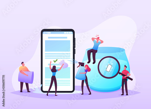 Waterproof Smartphone Concept Tiny Characters Pouring Water on Huge Cellphone. Innovative Technologies Development