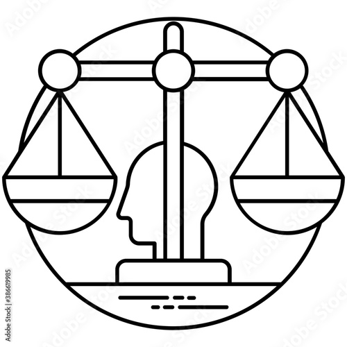 
A graphical circular shape having human avatar in the background and law scale to denote Artificial Intelligence ethics icon 
