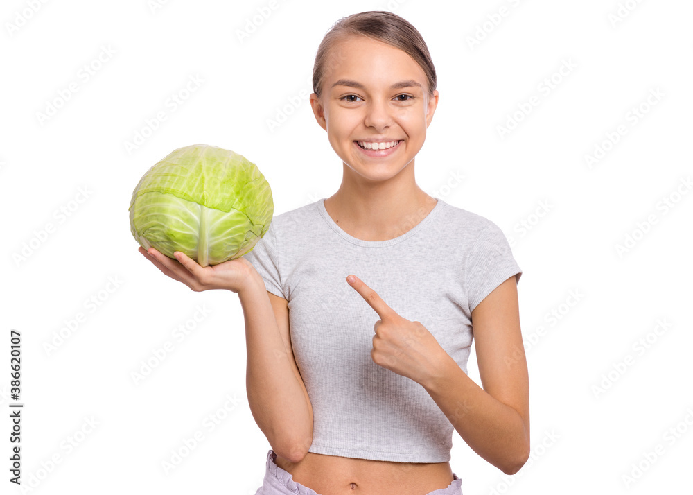 Beautiful young teen girl holding fresh green cabbage, isolated on white background Beautiful young teen girl holding fresh green cabbage, isolated on white background