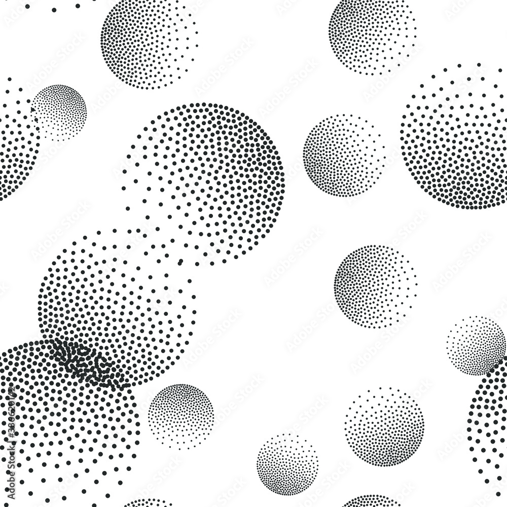Seamless vector stipple rounds pattern. 10 eps abstract background with dotted shadow circles. Trendy geometric black and white wallpaper for design, cover, fabric, web, textile.