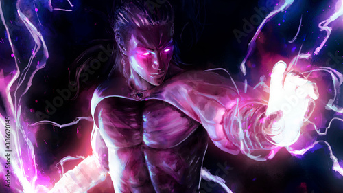 Fotografia A powerful handsome male magician with glowing eyes emits purple lightning in all directions, game art