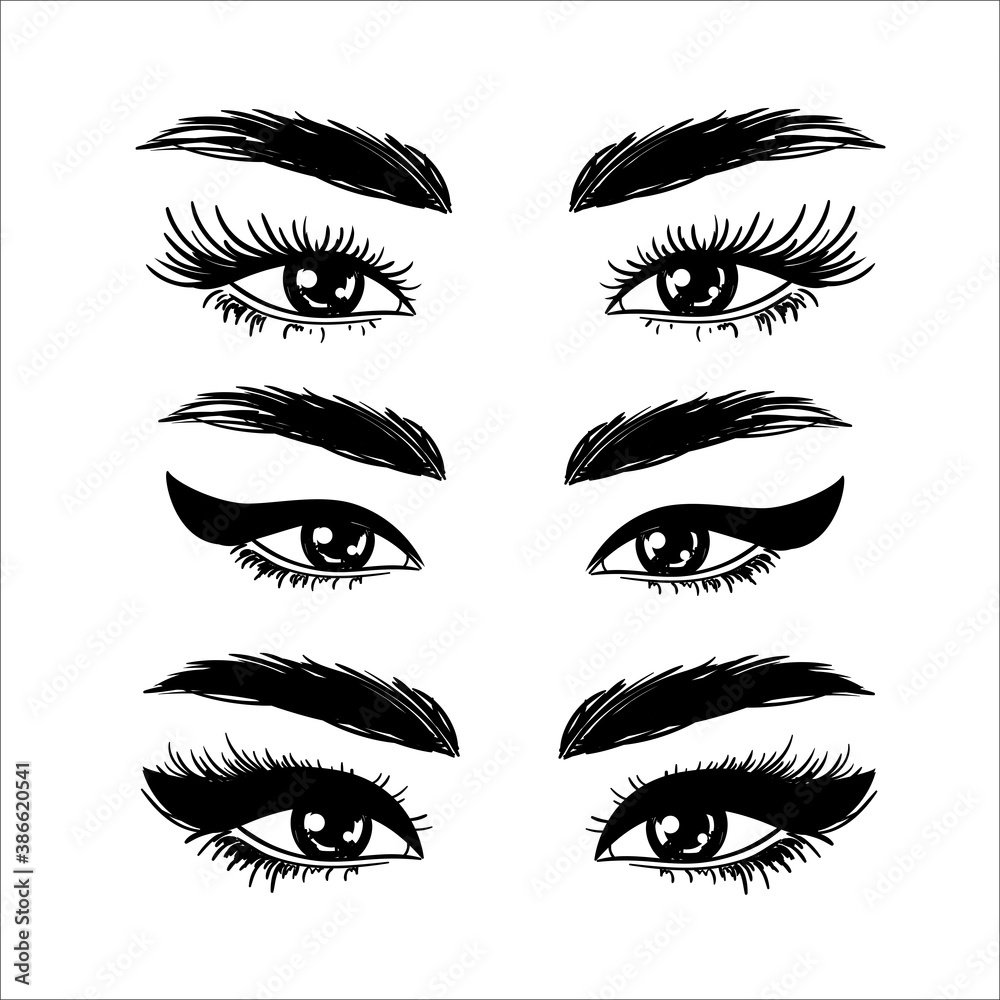 Collection of eyes with arrows and eyebrows on a white background. Vector illustration. Fashion make up